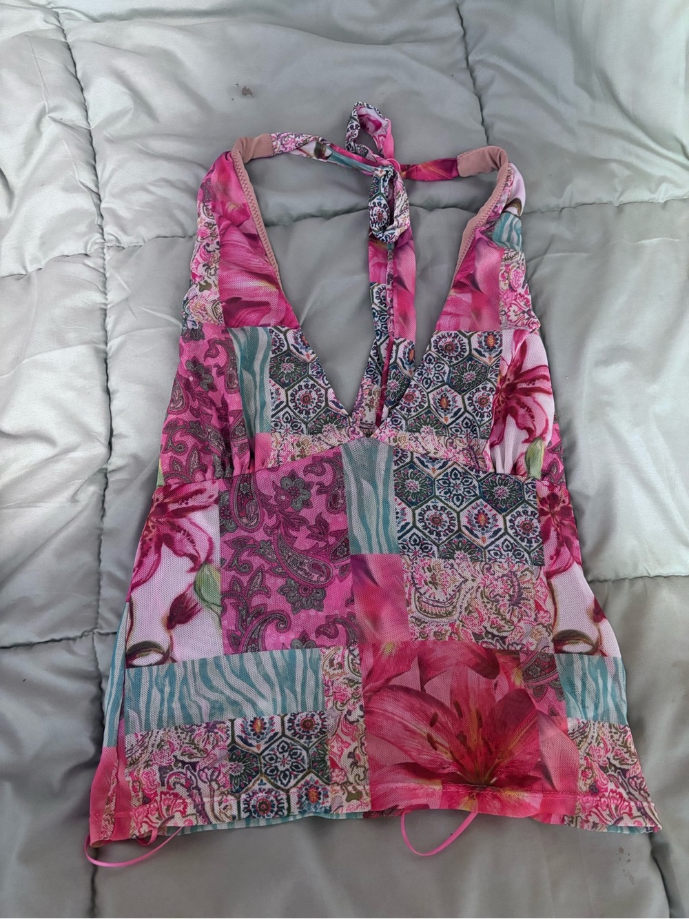 Edikted Pink Multi Patchwork Halter Tank Top